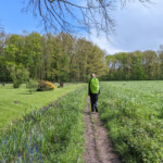 Baudien loopt op een modderig en en glibberig voetpad richting landgoed Windesheim.